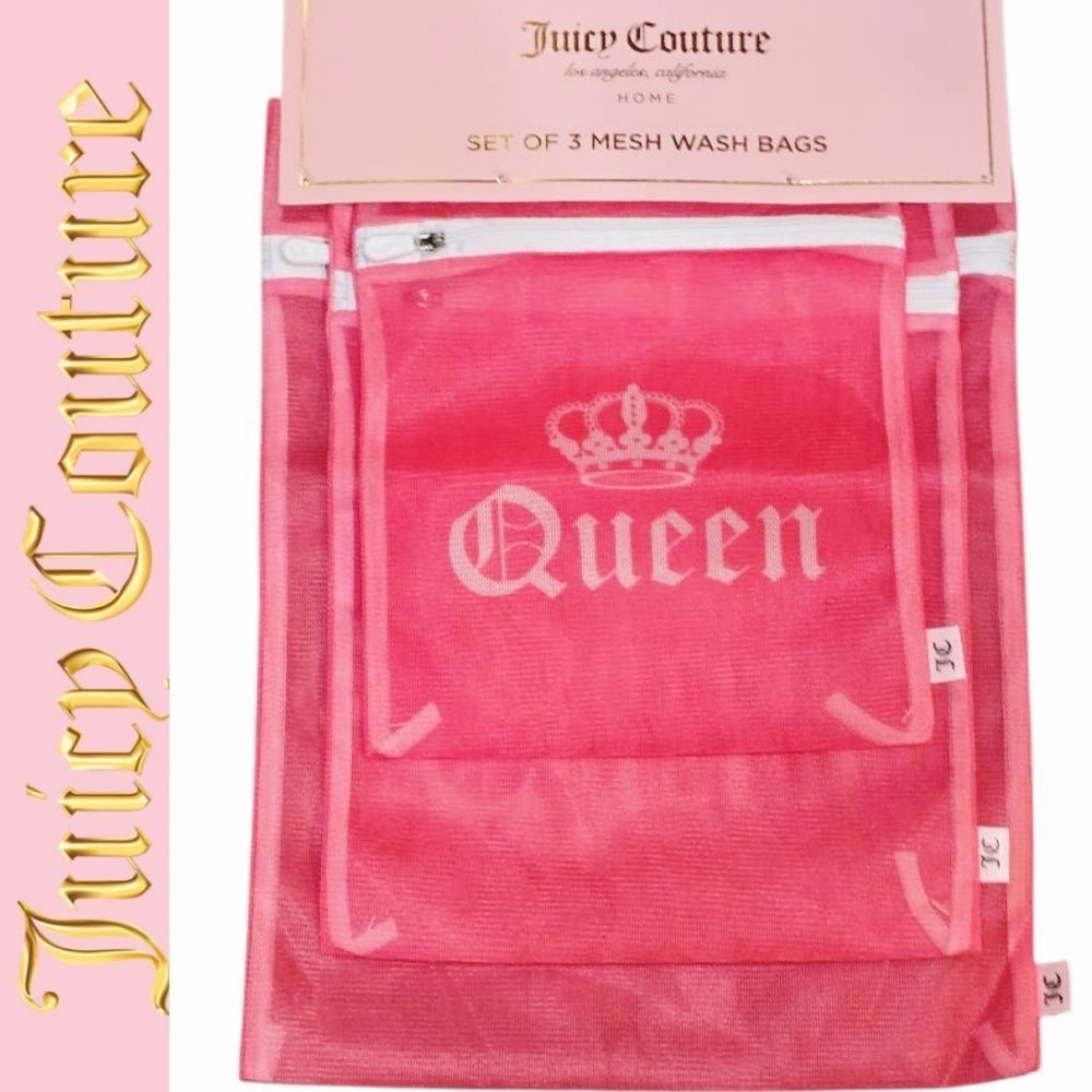 Juicy Couture Home Set Of 3 Queen Crown Logo Pink Mesh Wash Bags